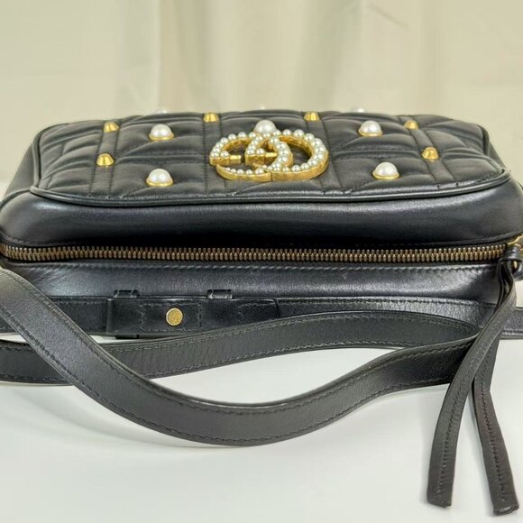 Gucci Black Leather Marmont Shoulder Bag Crossbody with Pearl Embellished - Picture 8 of 9